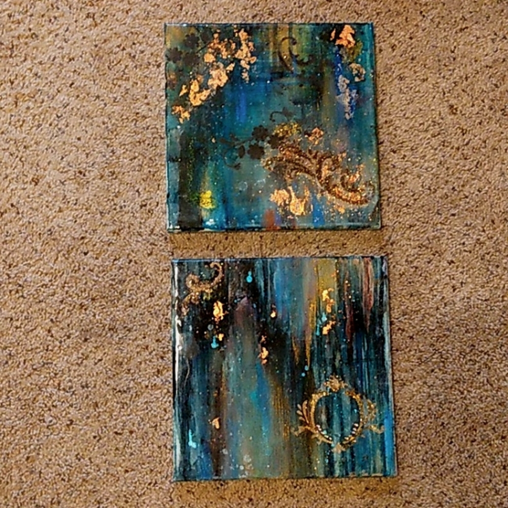 Set of 2 10x10 Paintings with Swarkovski crystals,